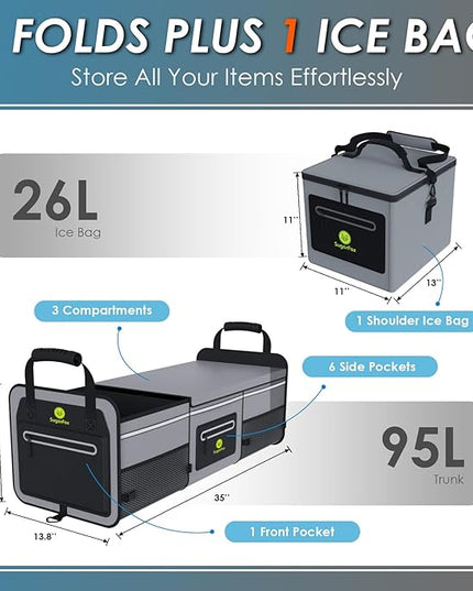 95L Car Trunk Organizer & Storage With 26L Ice Pack, Waterproof Foldable | Trunk Organizers for SUVs & Cars, Car Storage Organizer, Great Gift for Drivers (Gray-M004)
