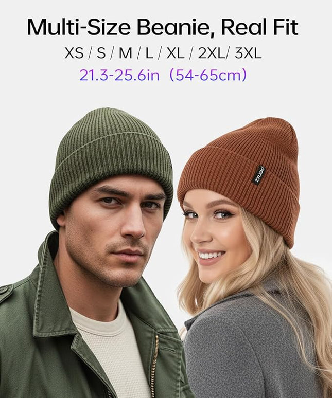Zylioo Oversize Beanie Hats, XXL Big Size Ribbed Knit Cuffed Winter Hat for Cold Weather, Warm Skull Watch Cap