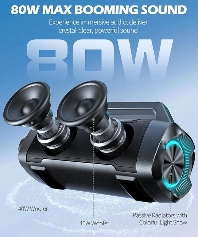 Speakers Bluetooth Wireless, 80W Peak Loud Outdoor Speaker with Bass, 20H Playtime, IPX6 Waterproof, TWS，BT5.3, Portable for Camping Hiking Boating Pool Beach(Black)