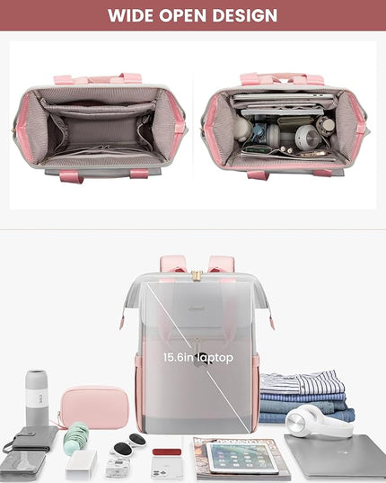 LOVEVOOK Laptop Backpack for Women, 15.6 Inch Work Laptop Bag with USB Port, Fashion Teacher Nurse Backpack Purse, Waterproof Travel Computer Backpack with Organizer Bag, 2PCS, Grey-Pink
