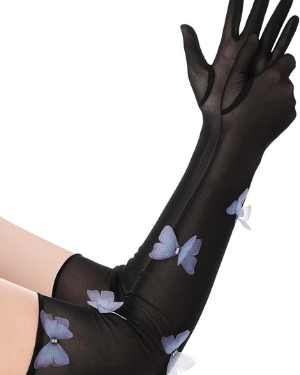 BABEYOND Lace Gloves for Women - Princess Gloves Long Stretchy Butterflies Mesh Tulle Sheer for Costume Tea Party