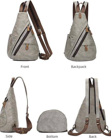 KL928 PU Leather Sling Bag - Small Crossbody Backpack Shoulder Casual Daypack Rucksack for Men Women(Leaden)