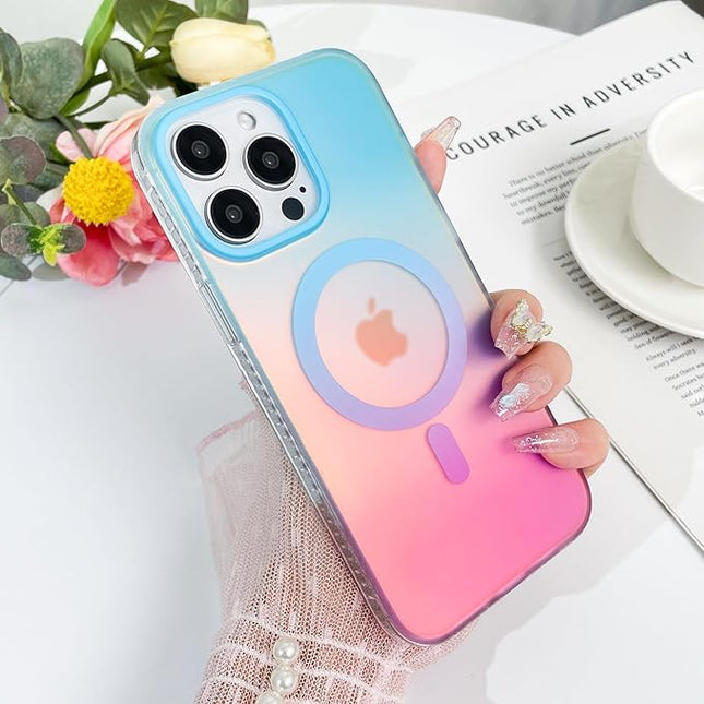 Aesthetic Case for iPhone 15 Pro Case for Women Girls, Compatible with Magsafe, Cute Girly Trendy Glitter Sparkly Rainbow Magnetic Protective Phone Cover, Matte Iridescent Blue & Pink