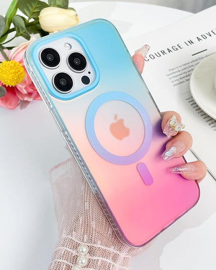 Aesthetic Case for iPhone 14 Pro Max Case for Women Girls, Compatible with Magsafe, Cute Girly Trendy Glitter Sparkly Rainbow Magnetic Protective Phone Cover, Matte Iridescent Blue & Pink