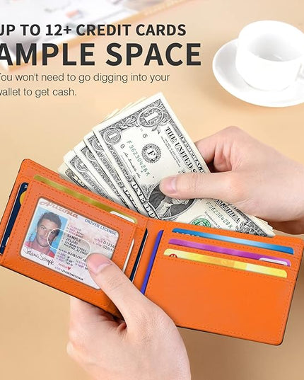 RUNBOX Wallet for Men Slim 11 Credit Card Holder Slots Leather RFID Blocking Small Thin Men's Wallet Bifold Minimalist Front Pocket Large Capacity Gift Box