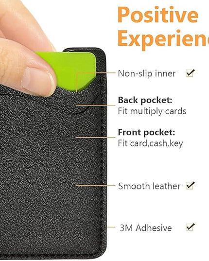 Leather Phone Wallet, Stick On Card Holder for Back of Phone Case - Compatible with Most Cell Phones (iPhone, Samsung) - 2Pack Black