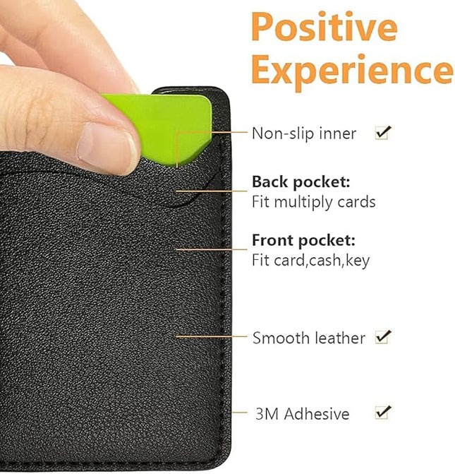 Leather Phone Wallet, Stick On Card Holder for Back of Phone Case - Compatible with Most Cell Phones (iPhone, Samsung) - 2Pack Black