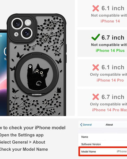 Cute Case for iPhone 14 Plus Case with Stand [ Compatible with MagSafe ] Kawaii Black Cat & Floral & Butterflies Pattern Design 360 Magnetic Ring Kickstand Phone Cover for Women Girls Boys