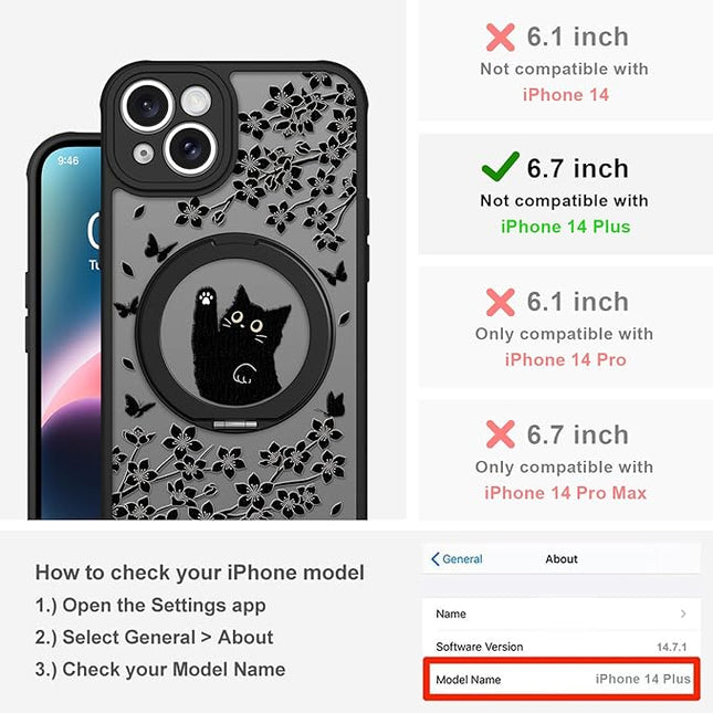 Cute Case for iPhone 14 Plus Case with Stand [ Compatible with MagSafe ] Kawaii Black Cat & Floral & Butterflies Pattern Design 360 Magnetic Ring Kickstand Phone Cover for Women Girls Boys