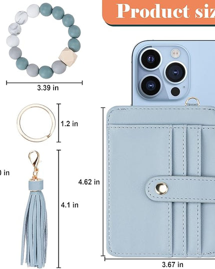 Keychain Wallet with Bracelet RFID Blocking Wristlet Credit Purse Card Holder, Silicone Bead Tassel Key Ring for Women