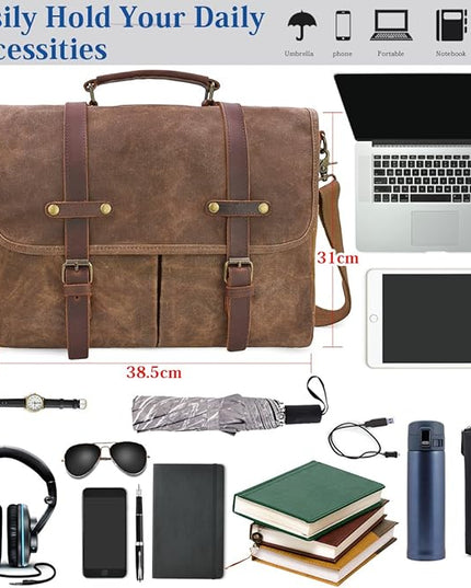Mens Messenger Bag 15.6 Inch Waterproof Vintage Genuine Leather Waxed Canvas Briefcase Large Leather Computer Laptop Bag Rugged Satchel Shoulder Bag, Brown