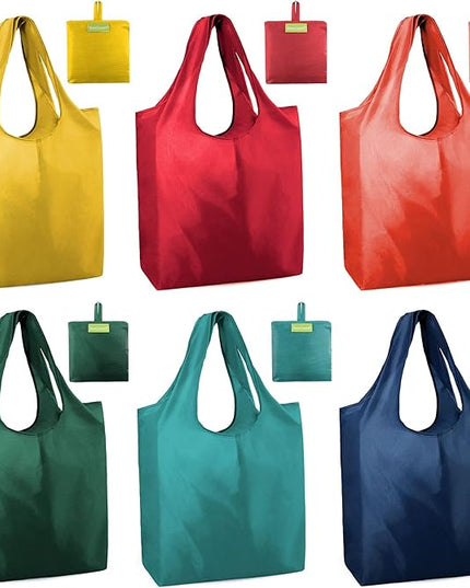 BeeGreen Foldable Travel Bag Reusable Shopping Bags for Groceries - 6 Pack Large Collapsible Bags - Lightweight Machine Washable Tote Bags - Colorful Kitchen Grocery Bags (Red, Orange, Green)