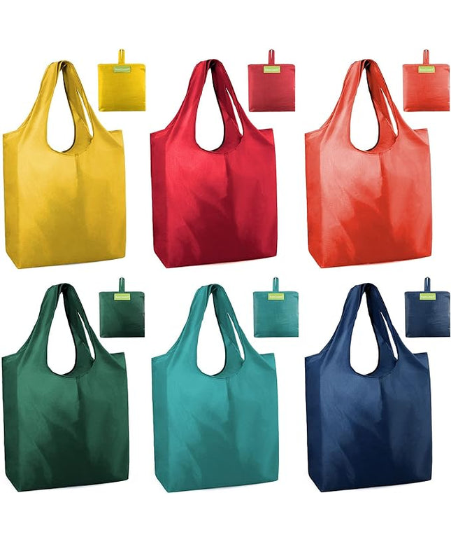 BeeGreen Foldable Travel Bag Reusable Shopping Bags for Groceries - 6 Pack Large Collapsible Bags - Lightweight Machine Washable Tote Bags - Colorful Kitchen Grocery Bags (Red, Orange, Green)
