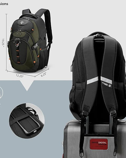 Swissdigital Design Laptop Backpack, Travel Backpack with USB Charging Port Fits 15.6 inches Computer, 31L College School Bookbag for Men,Olive/Black | SD803-26