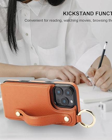 Folosu for iPhone 16 Pro Max Wallet Case with Card Holder, Hand Wrist Strap Loop Holder Kickstand, RFID Blocking Finger Grip Ring PU Leather Double Buttons Shockproof Cover 6.9" Brown