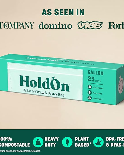 HoldOn Zipseal Gallon Bags - Compostable, PFOA-Free, BPA-Free, Food-Safe Zip Seal Food Storage Bags/Freezer-Safe Gallon Bags With Secure Seal for Home & Travel (25 bags total)