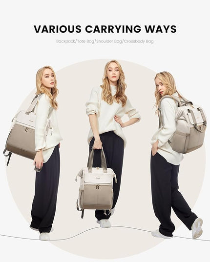 LOVEVOOK Laptop Backpack for Women, 15.6 Inch Work Laptop Bag with USB Port, Fashion Teacher Nurse Backpack Purse, Waterproof Travel Computer Backpack with Organizer Bag, 2PCS, Beige-Khaki