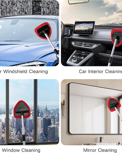11pcs Windshield Cleaner Tool, Car Window Cleaning Wash Kit with 6 Reusable Microfiber Pads 2 Spray Bottles and Extendable Handles Auto Glass Wiper Kit, Red