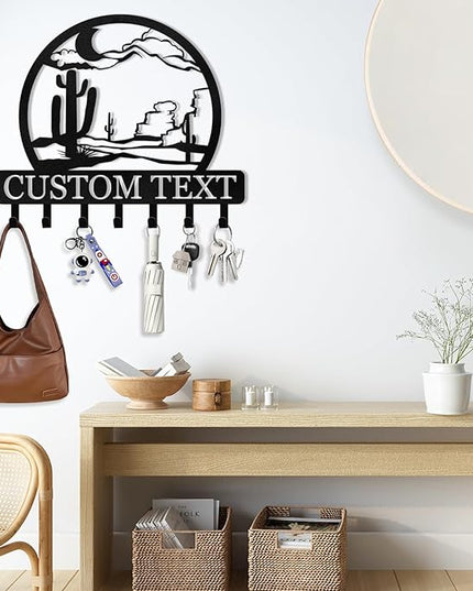 KAINSY Personalized Key Holder for Wall, Custom Cactus Metal Key Hanger, Desert Key Rack Coat Rack, Key Hooks Wall Art Decor, Key Holder Wall Mount Organizer for Dormitory, Entryway, Garden, Office