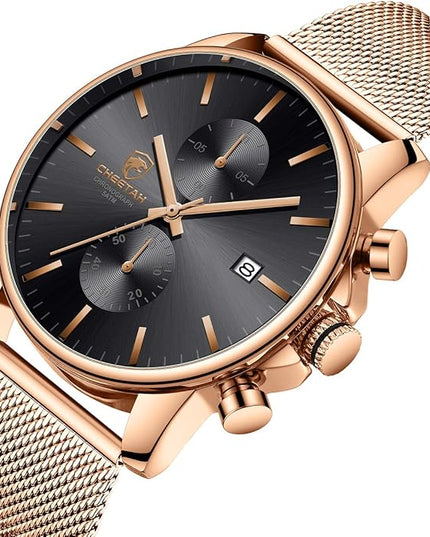GOLDEN HOUR Mens Watch Fashion Sleek Minimalist Quartz Analog Mesh Stainless Steel Waterproof Chronograph Watches for Men with Auto Date