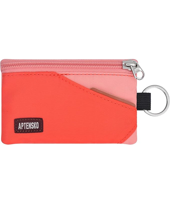 RFID Travel Wallet with Adjustable Lanyard-Zipper Small Wallet with ID Card Holder, Keychain for women&men-Minimalist Slim Waterproof Nylon case for ID, Cash, Key (BlazingOrange+CoralBlush)
