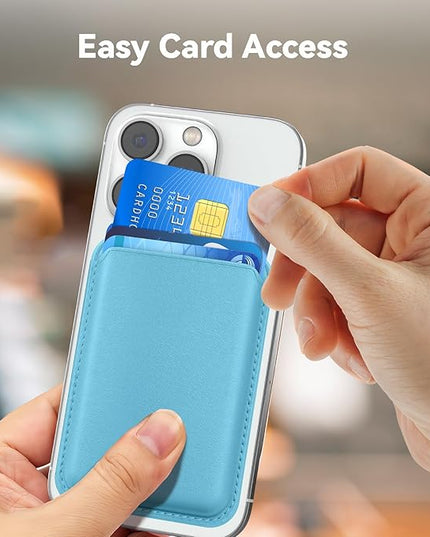 Magnetic Wallet Cell Phone Card Holder for Phone Case with Mag-Safe, Stronger Magnetic RFID Leather Phone Wallet Stick on Series of iPhone 17/16/15/14/13/12 and Pro/Promax, Light Blue