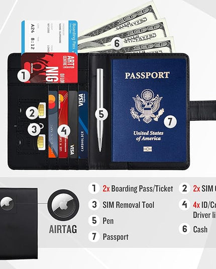 Passport Holder with Airtag Slot Cards Cash Air Ticket Pocket, Travle Gifts for Women Men RFID Blocking Wallet, Passport Book Cover Case Black