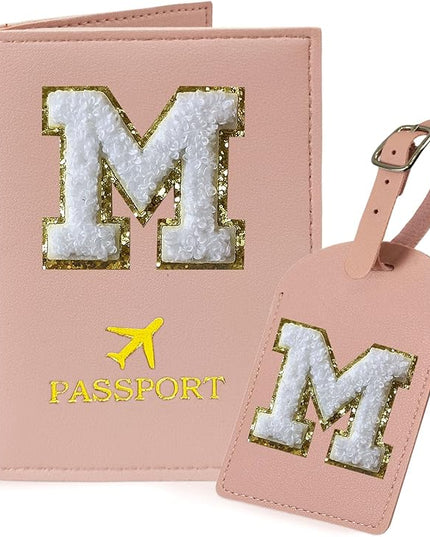 COSHAYSOO Pink Passport Cover Case Holder and Luggage Tag Set for Travel Women Teenager Girls with Initial Monogrammed Letter, Personalized Traveler Gifts Traveling Essential Accessories M