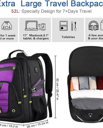 Z-MGKISS 52L Travel Backpack for Women, Large Waterproof Anti-Theft Backpack 17.3 Inch with USB Port, TSA-Approved Daypack, Gifts for Women Teacher Business College, Purple