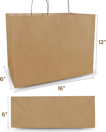 Qutuus 16x6x12 Inches 50 Pack Brown Kraft Paper Bags with Handles for Grocery, Birthdays, Retail, Small Business