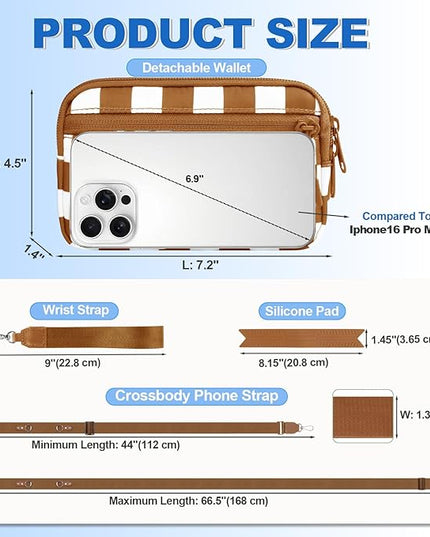 Clip and Go Strap for Phone with Wallet Crossbody, Adjustable Phone Lanyard with Detachable RFID Wristlet Wallet, Phone Strap with Phone Tabs for All Phones, Bronze Checkered (L)