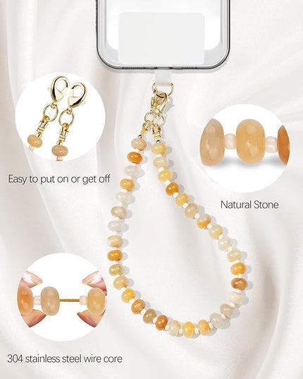 Natural Stone Beaded Phone Wrist Strap for Women – Detachable Chain Wristlet, Durable 304 Stainless Steel Core (Yellow Jade)