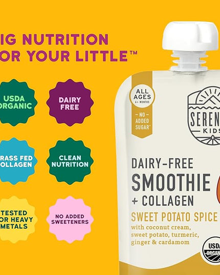 Serenity Kids 6+ Months Organic Dairy-Free Baby Food Smoothie Pouch - Sweet Potato Spice Collagen Protein - No Added Sweeteners Organic Baby Snacks - Protein Smoothie Toddler Food - 3.5 Oz, 12 Pack