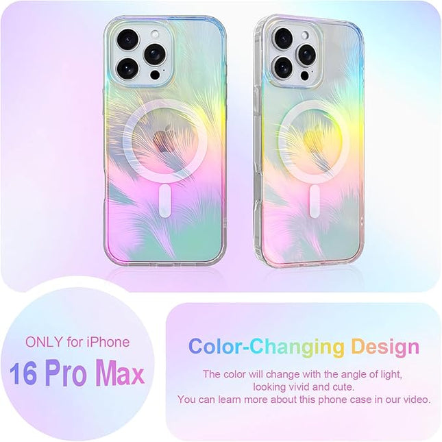 Glitter Case for iPhone 16 Pro Max Case for Women Girls [ Compatible with Magsafe ] Clear Cute Aesthetic Girly Iridescent Feather Sparkly Bling Magnetic Phone Cover, Gradient Blue & Pink