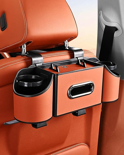 Back Seat Car Organizer,4 in 1 Multifunctional Car Back Seat Storage Box with Drink Cup Holder Tissue Box, for Hold Phone,Snacks, Drinks, Handbag-Orange