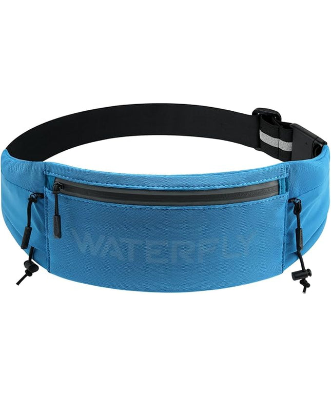 WATERFLY Running Belt Fanny Pack: Breathable 3 Pocket Waist Bag for Men Women Workout Exercise Fitness Phone Holder Fits All Phones - Runner Marathon Jogging Race Belt with Bib Clip Blue