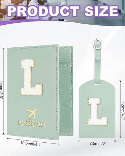 PATIKIL Passport Holder for Travel, Initial Passport Cover and Luggage Tag Set with Alphabet Chenille Letter Patch Travel Wallet Bag Suitcase Identifier for Women Family Travel Green L