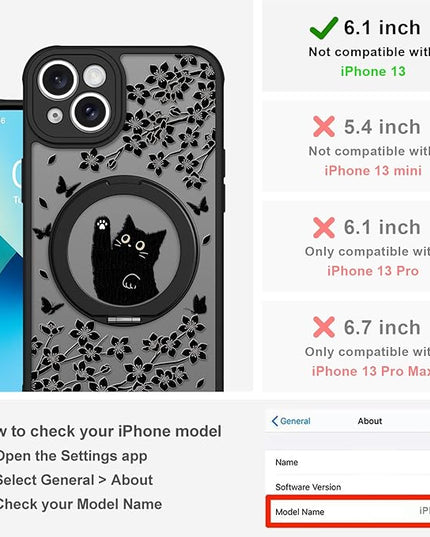 Cute Case for iPhone 13 Case with Stand [ Compatible with MagSafe ] Kawaii Black Cat & Floral & Butterflies Pattern Design 360 Magnetic Ring Kickstand Phone Cover for Women Girls Boys