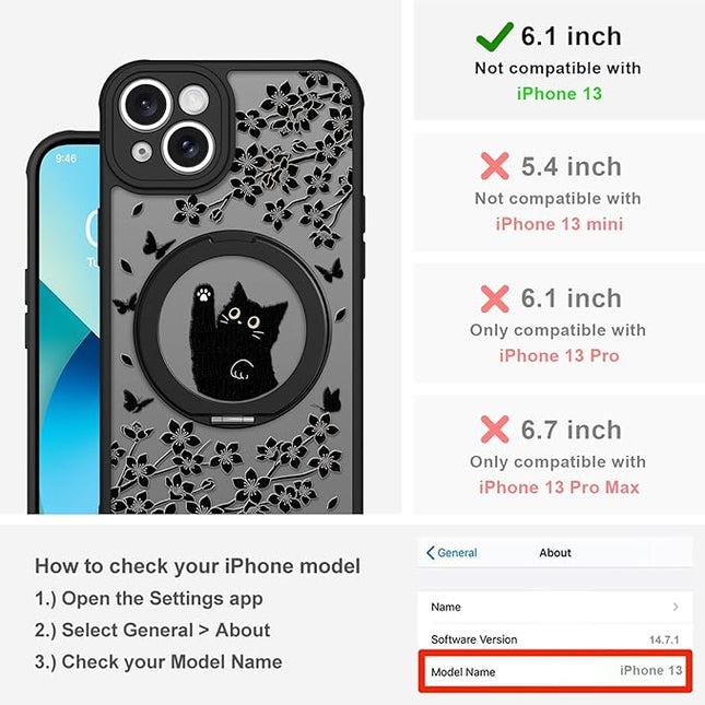 Cute Case for iPhone 13 Case with Stand [ Compatible with MagSafe ] Kawaii Black Cat & Floral & Butterflies Pattern Design 360 Magnetic Ring Kickstand Phone Cover for Women Girls Boys