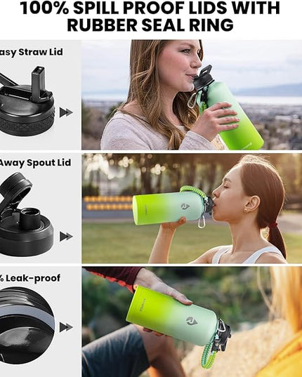 Insulated Water Bottle 87 oz, Triple Wall Vacuum Stainless Steel (Cold for 48 Hrs), Leak Proof & Non-BPA, Modern Water Flask Jug with Paracord Handle & Straw Spout Lids, Ombre Green
