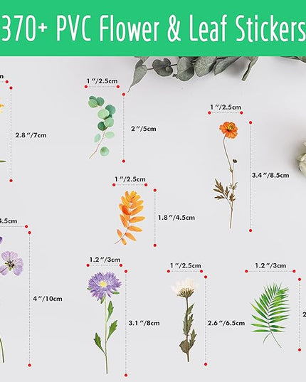370+ PCS PVC Flower Stickers, Self-Adhesive PVC Greenery Stickers Nature Plant Decals for Scrapbook, Laptop, Journal, DIY Project, Spring Themed Party Decors