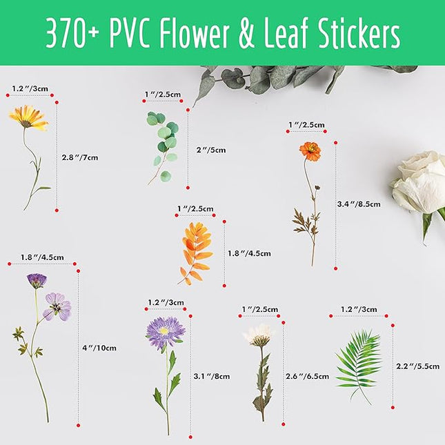 370+ PCS PVC Flower Stickers, Self-Adhesive PVC Greenery Stickers Nature Plant Decals for Scrapbook, Laptop, Journal, DIY Project, Spring Themed Party Decors