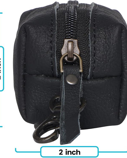 Leather Zipper Coin Pouch with Key Clip, Compact Change Holder Wallet for Men & Women, Small Leather Coin Purse for Cash, Keys, Earbuds, Everyday Carry Accessory (1, Black)