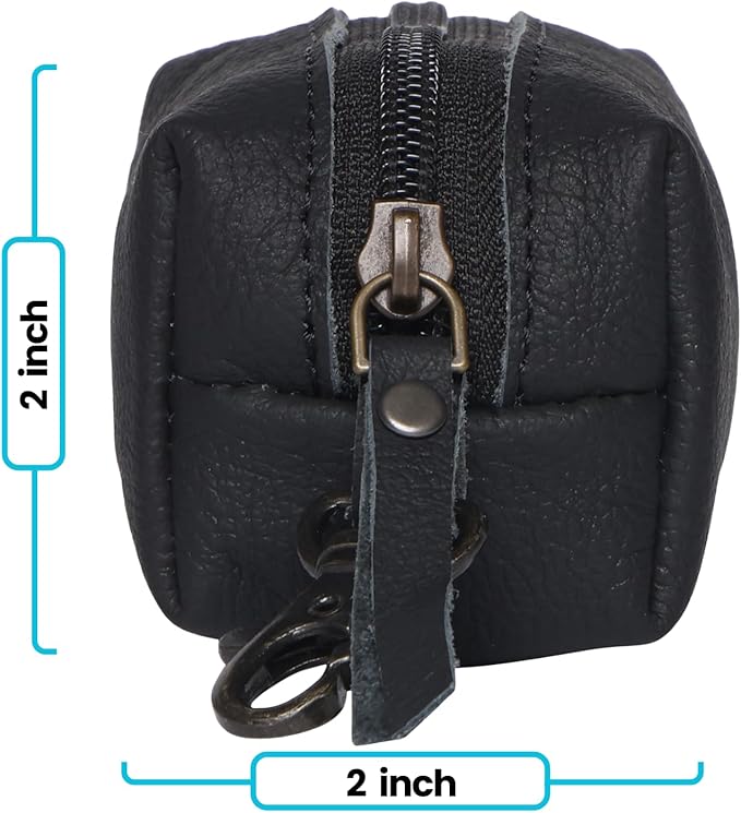 Leather Zipper Coin Pouch with Key Clip, Compact Change Holder Wallet for Men & Women, Small Leather Coin Purse for Cash, Keys, Earbuds, Everyday Carry Accessory (1, Black)