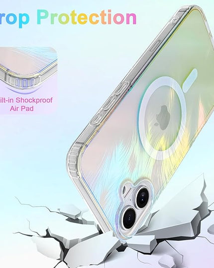 Glitter Case for iPhone 16 Plus Case for Women Girls [ Compatible with Magsafe ] Clear Cute Aesthetic Girly Iridescent Feather Sparkly Bling Magnetic Phone Cover, Gradient Blue & Pink