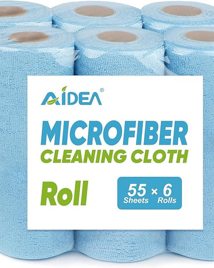 AIDEA Microfiber Cleaning Cloth, Shop Towels 330 Sheets 6 Roll, Microfiber Towels for Cars, Blue Shop Rags Washable, Cleaning Rags Reusable Paper Towels for Automotive, Workshops, House,11×9"