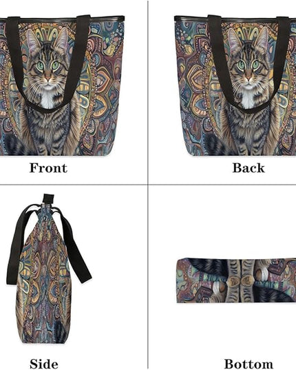 Pardick Canvas Tote Bags, Bohemian Cats Tote Bag Eco Friendly Reusable Grocery Shopping Bagsfor Beach, Books, Women with Zipper Inner Pocket