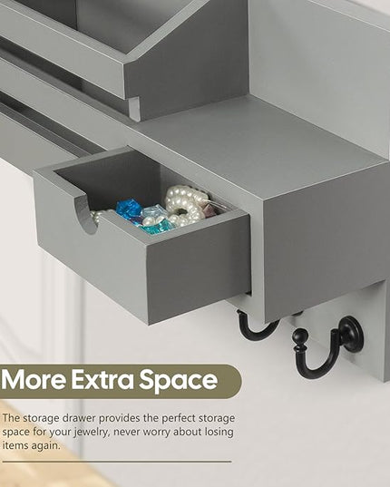 FifthQuarter Key and Mail Holder for Wall, Mail Organizer Wall Mount with 6 Hooks and Storage Drawer, Easy Installation Key Rack for Entryway and Home Decor (A-Grey)