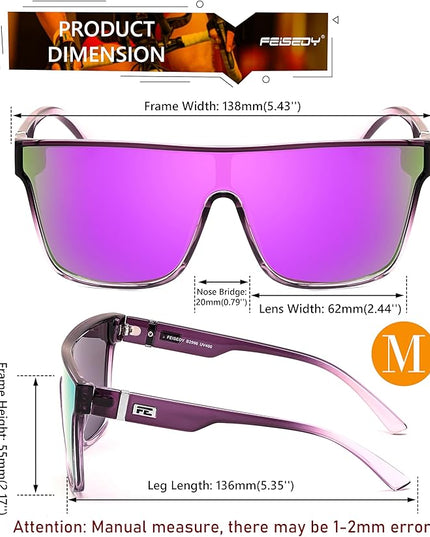 FEISEDY Sunglasses for Women Men, Fashion Mirrored Single Lens, Driving Beach Sunnies UV400 Shades B2996