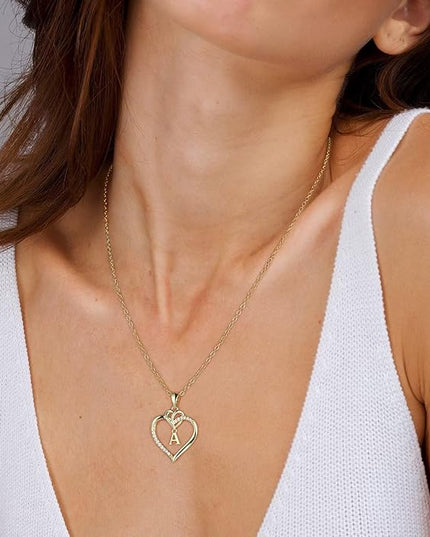 STORUP Christmas Gifts for Women Teen Girls - Heart Initial Necklaces for Women Girls, 14K-Gold-Plated Cubic Zirconia Initial A-Z Pendant Dainty Heart Necklaces for Teen Girl Jewelry Birthday Gifts